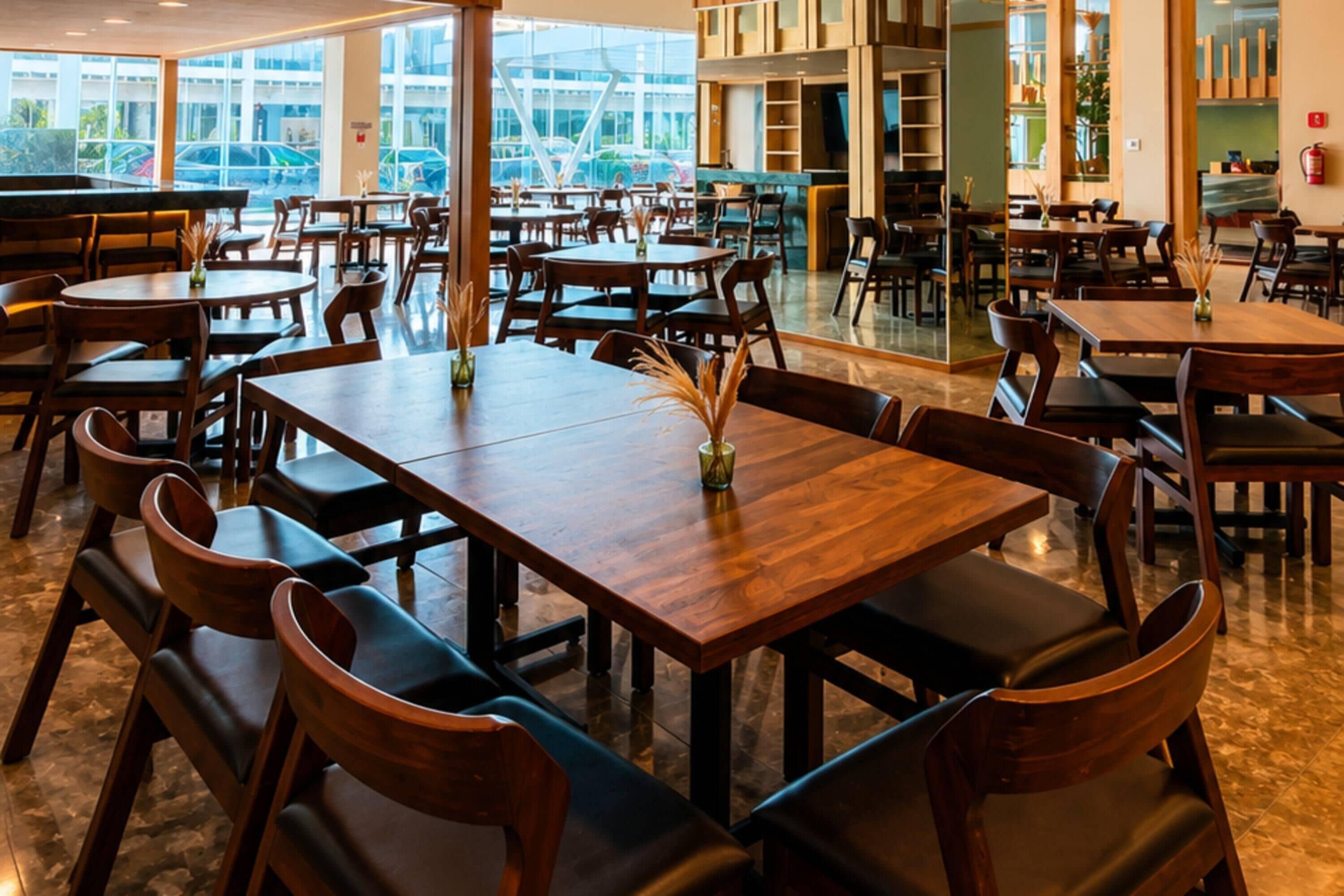 A spacious restaurant with multiple tables and chairs, large windows, and a modern interior design.