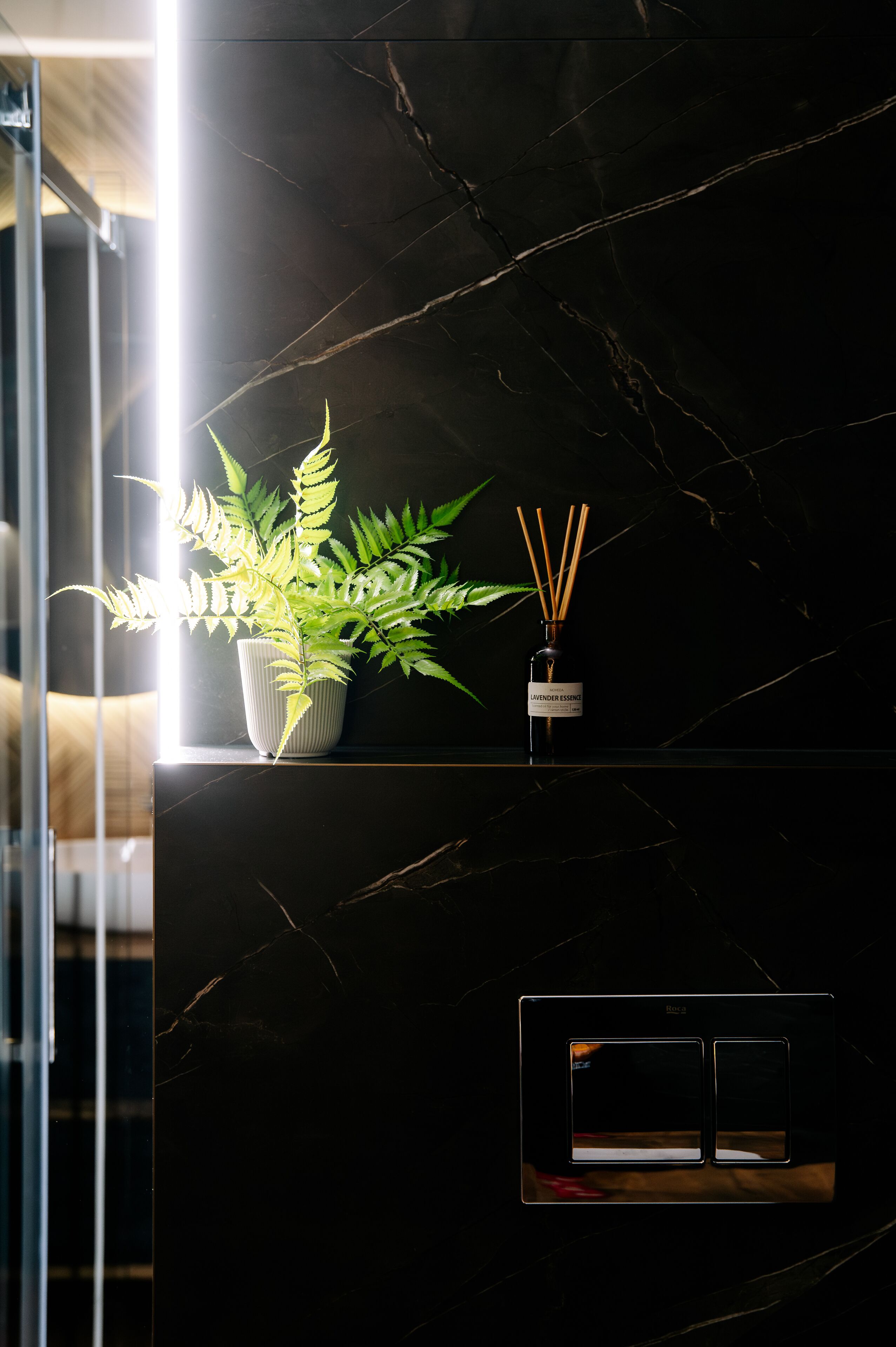 A black marble surface with a potted fern and reed diffuser.