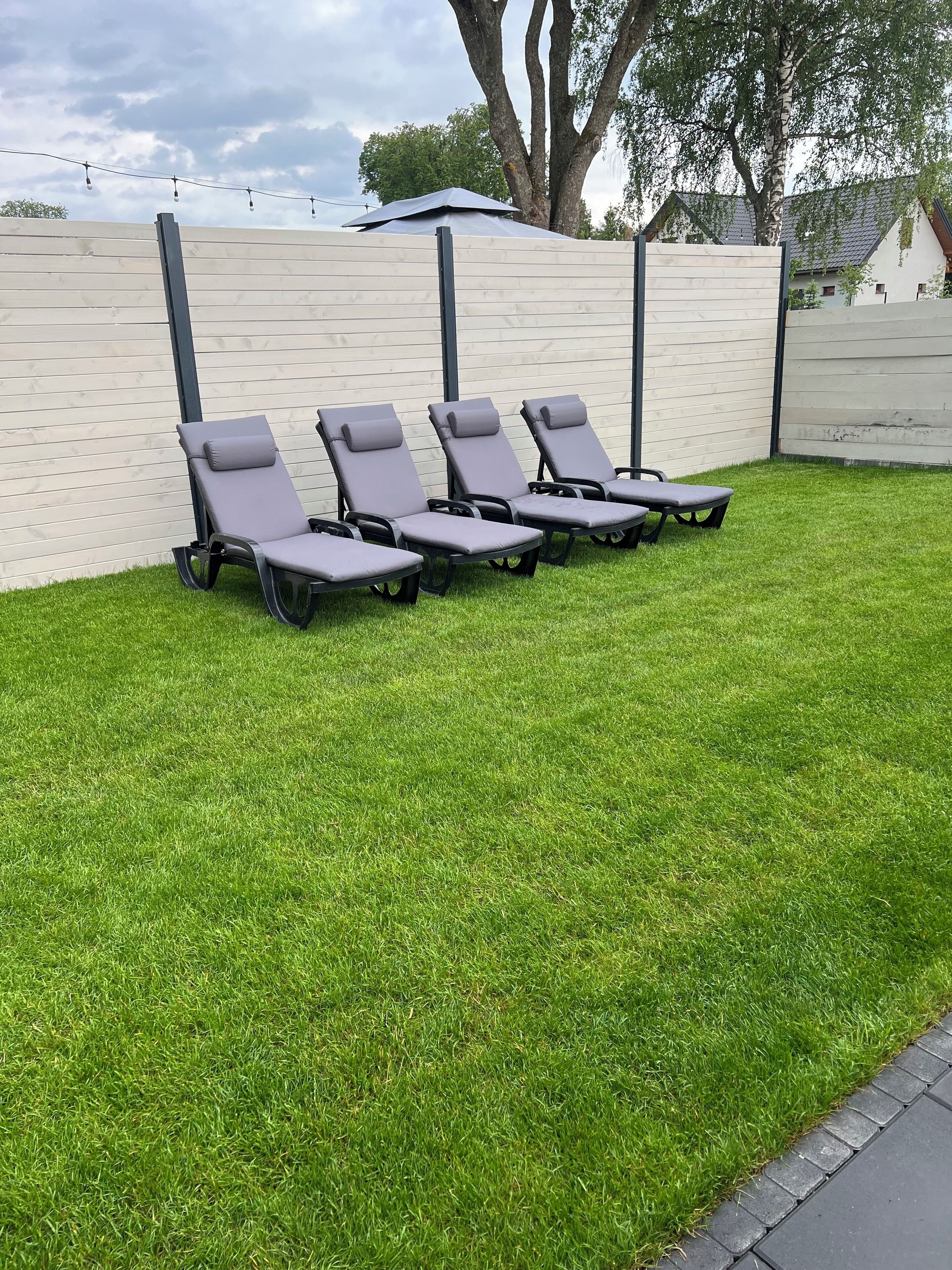 A row of outdoor lounge chairs on a well-maintained lawn with a low wall and a tree in the background.