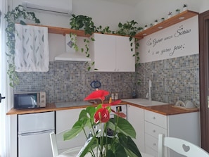 Fridge, microwave, coffee/tea maker, cookware/dishes/utensils