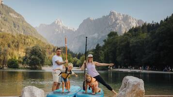 A group of people on paddleboards near a lake with mountains in the background.