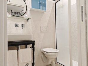 Shower, eco-friendly toiletries, hair dryer, towels