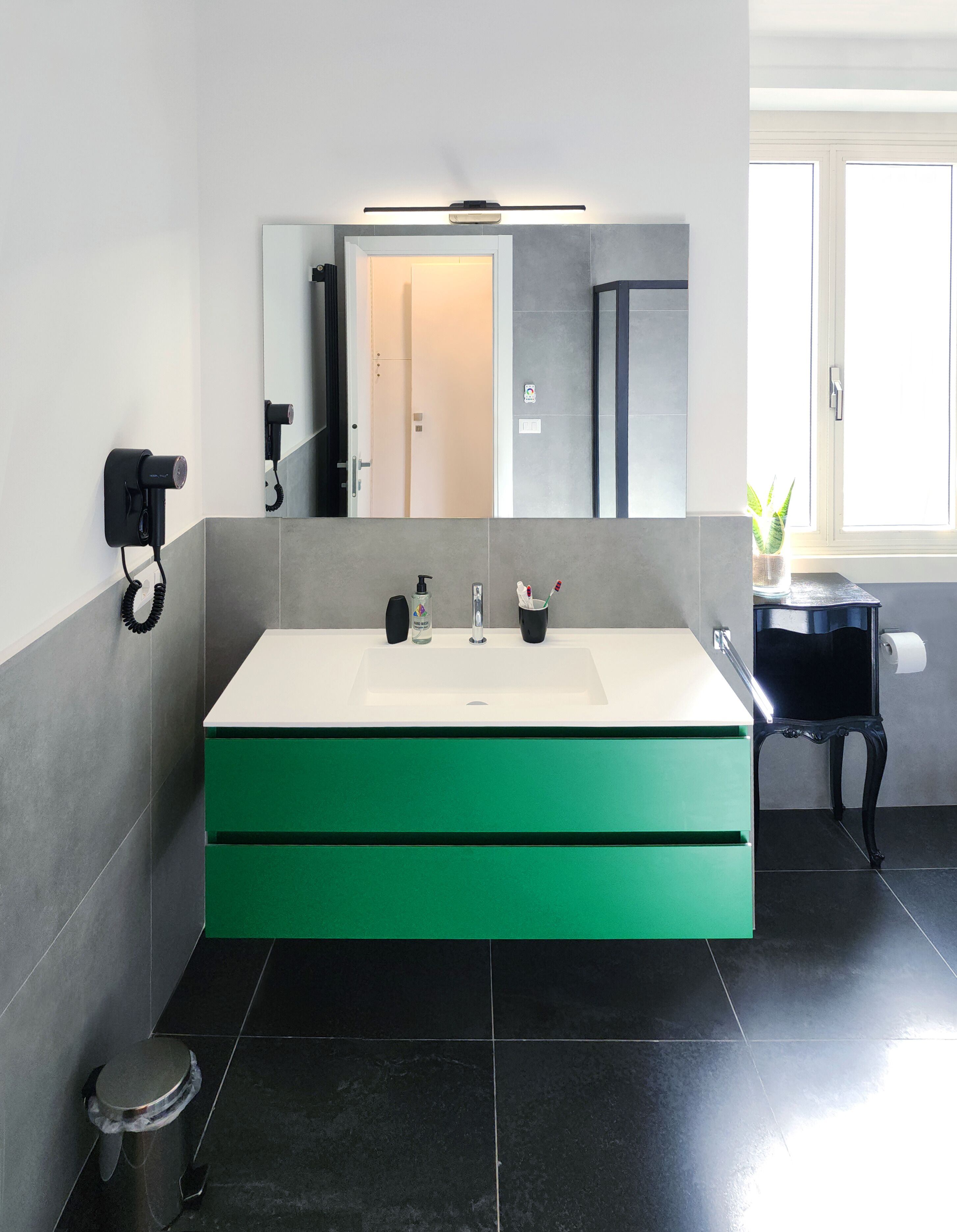 A modern bathroom with a large white sink, green cabinet, and a mirror above. There is a hairdryer on the wall, a trash bin, and a small table with a plant.