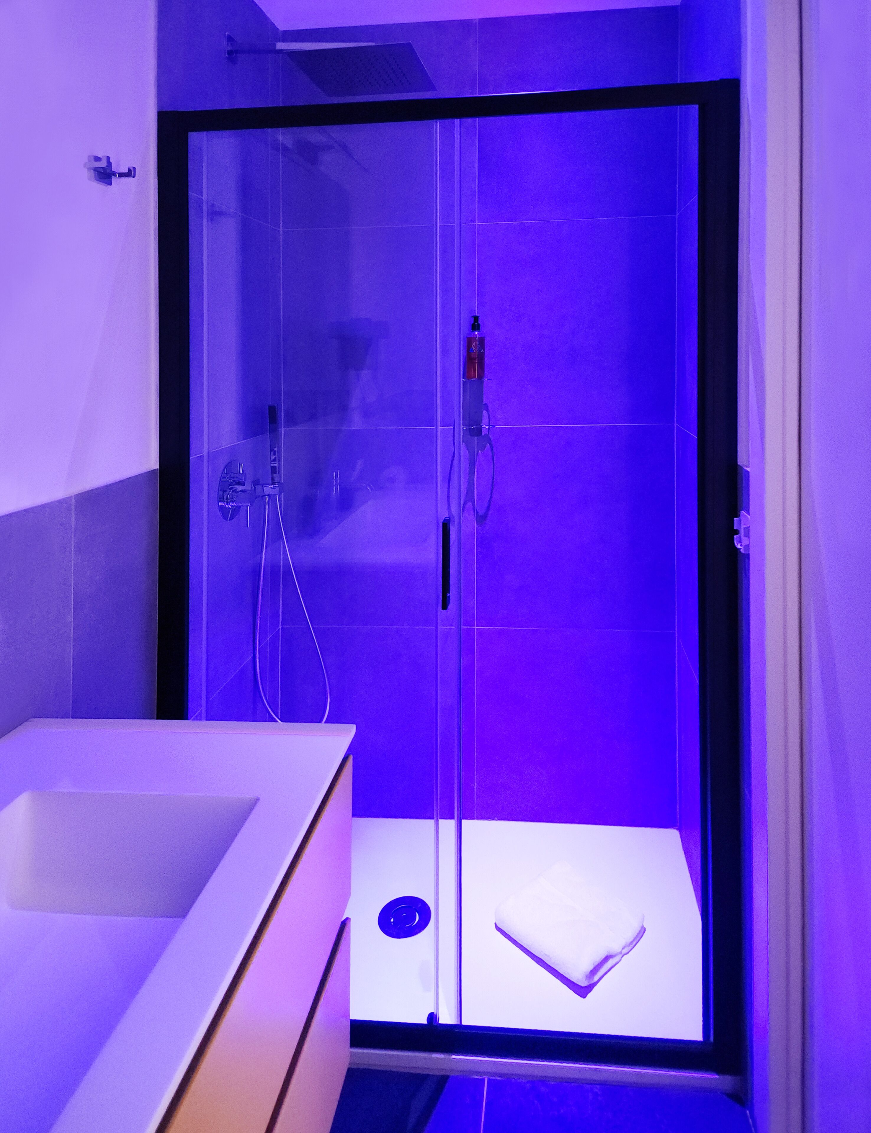 Une salle de bain moderne avec une douche à parois de verre, un lavabo blanc et un petit porte-serviettes.