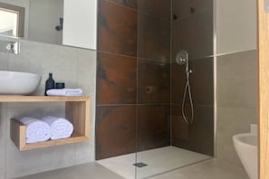 Shower, hair dryer, towels, soap
