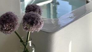 Vista despejada de un área de spa con un jacuzzi, un florero de cristal con flores y una ventana con vistas a un paisaje montañoso.