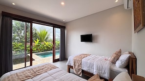 Vila superluxo, 2 quartos, cozinha americana, vista para a piscina | Vista do quarto