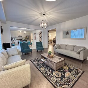 Smart TV, fireplace, books