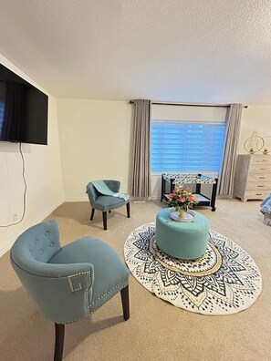 Smart TV, fireplace, books