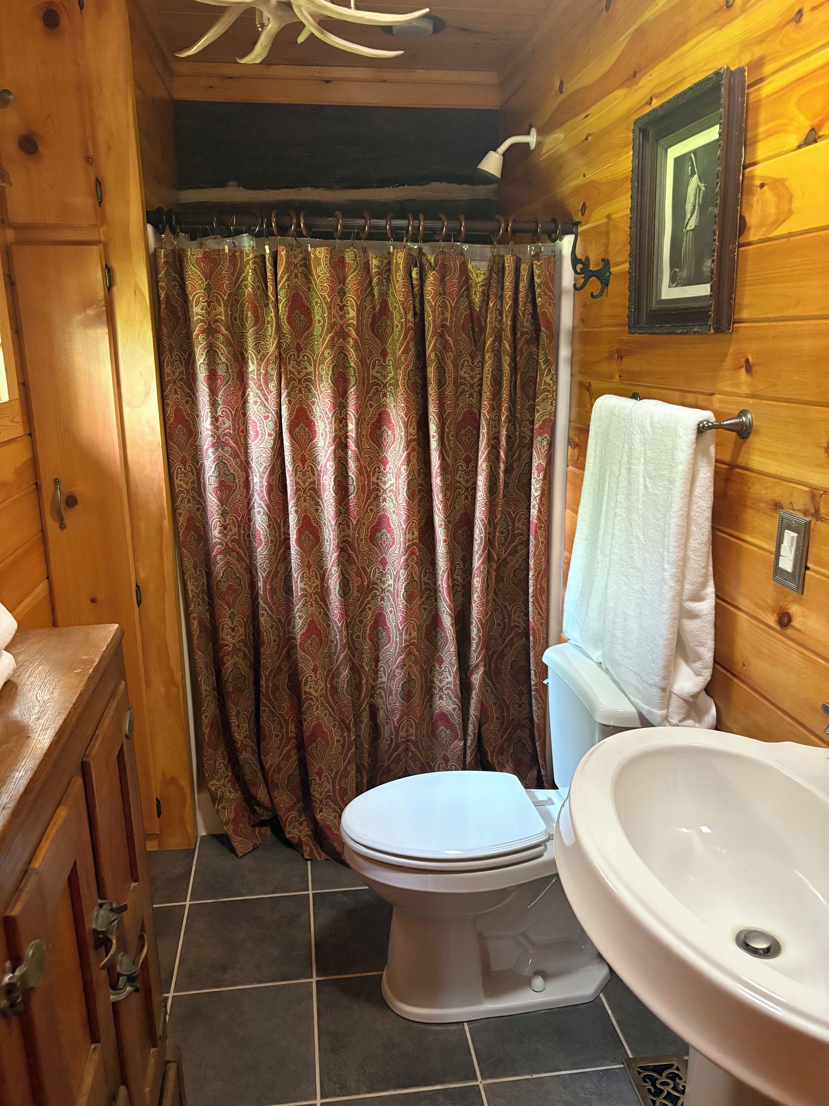 A wooden cabin bathroom with a toilet, sink, and shower curtain.
