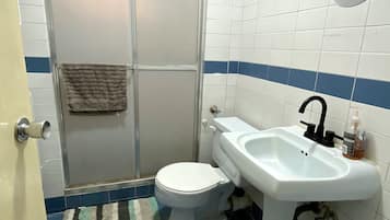 Shower, towels, soap, toilet paper