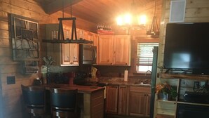 A cozy cabin-style kitchen with wooden cabinets, a bar area, and a television. - Cozy 2-bedroom cabin in charming Whittier with WiFi, AC (Whittier)