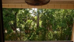 A balcony with two wooden chairs and a table, overlooking a lush green garden.