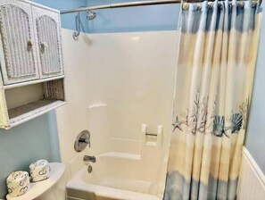 Hair dryer, towels, soap, shampoo