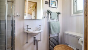 A bathroom with a wooden toilet, a white sink with chrome fixtures, a glass shower enclosure, and a framed picture on the wall. - Charollais (Oswestry)