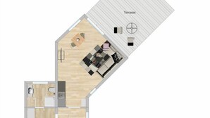 A floor plan of a maisonette with a terrace, a dining area, a living room, a kitchen, and a bathroom. - Vacation apartments on the Lesum - FeWo Lesmona - TOP long-term conditions (Bremen)