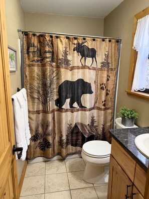Hair dryer, towels, soap, shampoo