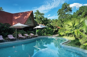 A swimming pool with lounge chairs and umbrellas, surrounded by lush greenery and a building with a red roof.