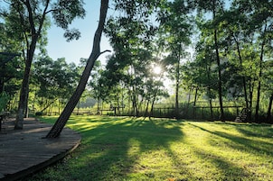 Un parque con una terraza de madera, césped y árboles.