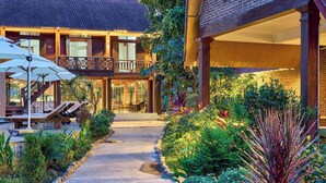 A well-maintained garden pathway leading to a building with a balcony, surrounded by lush greenery and plants. - Mua Valley Lodge (Ninh Binh)
