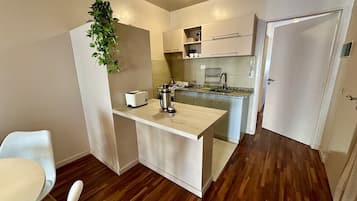 Una cocina compacta con una pequeña isla, un tostador, un hervidor y una planta colgante.