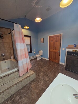 Hair dryer, towels, soap, toilet paper