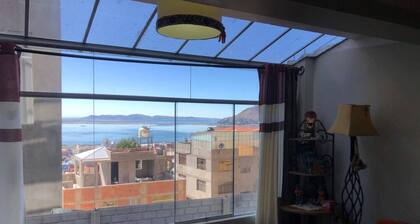 vista al lago y ciudad, amanecer hermoso 6 persona