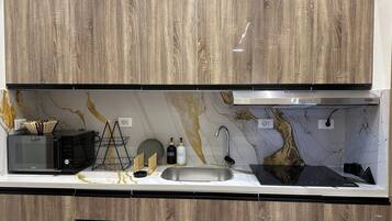 Fridge, microwave, oven, electric kettle