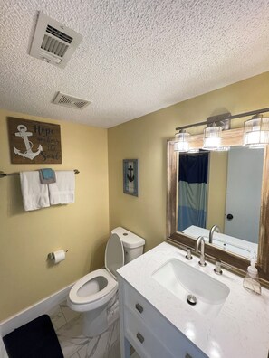 Hair dryer, towels, soap, toilet paper