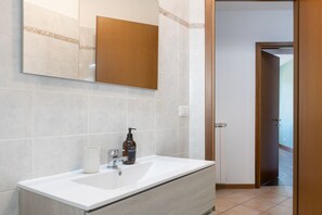 Shower, bidet, towels, shampoo