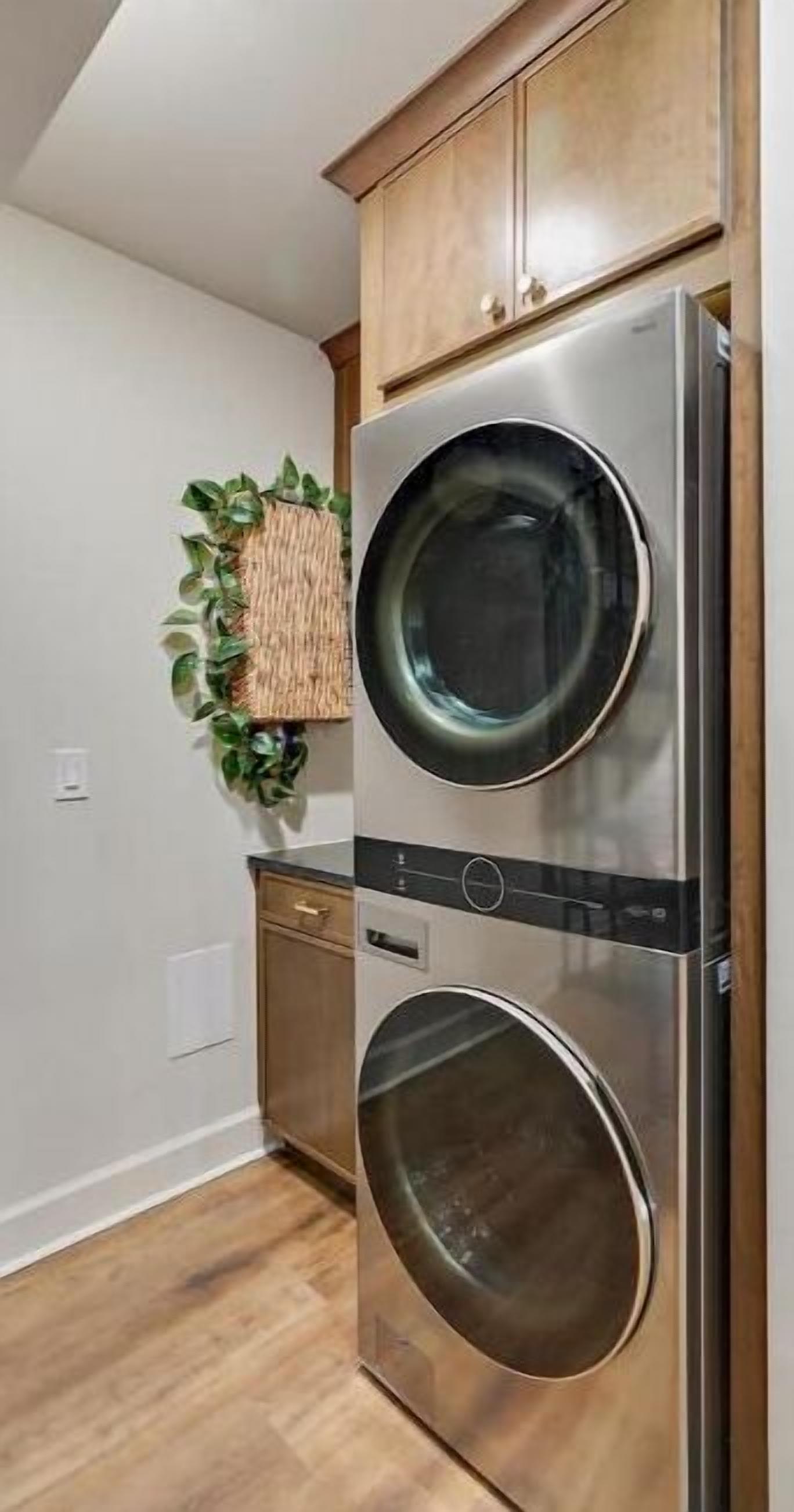 A laundry room with two stacked stainless steel appliances, wooden cabinets, and a wall-mounted plant.