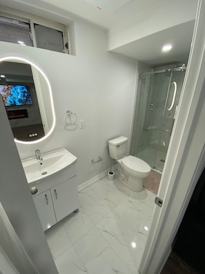Douche, serviettes fournies, papier toilette