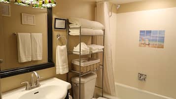 Hair dryer, towels, soap, shampoo