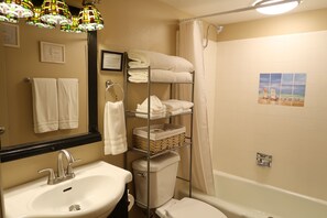 Hair dryer, towels, soap, shampoo