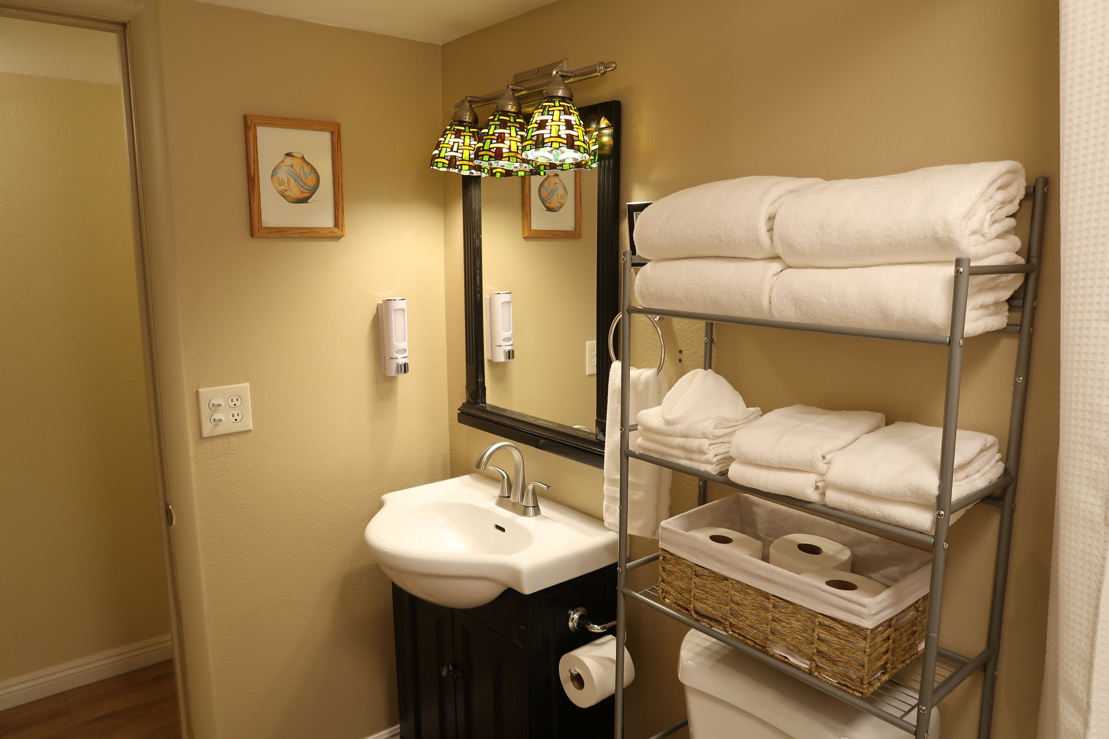 Hair dryer, towels, soap, shampoo