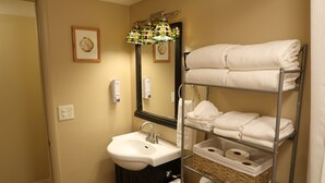 A bathroom with a sink, mirror, towel rack, and toilet paper. - Hopi Room #2                                 . (Williams)