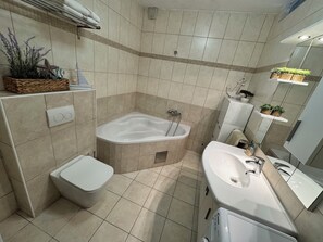 Douche, séchoir à cheveux, serviettes fournies, savon