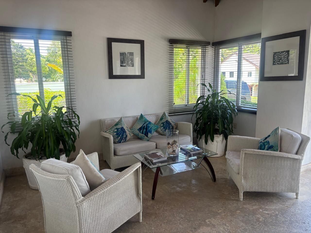A living room with a sofa, two armchairs, a coffee table, and large potted plants.