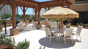 Eine Terrasse im Freien mit Tischen und Stühlen, beschattet durch hölzerne Pergolen und Reetdachschirme, umgeben von einem angelegten Garten.