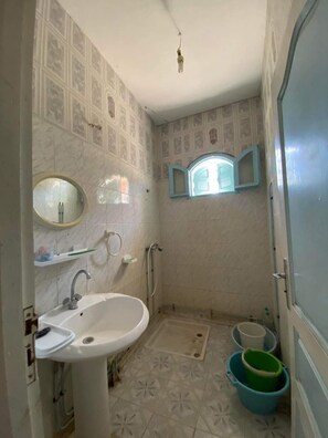 Regadera, toallas, jabón, papel de baño