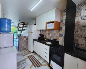 Fridge, microwave, oven, cookware/dishes/utensils