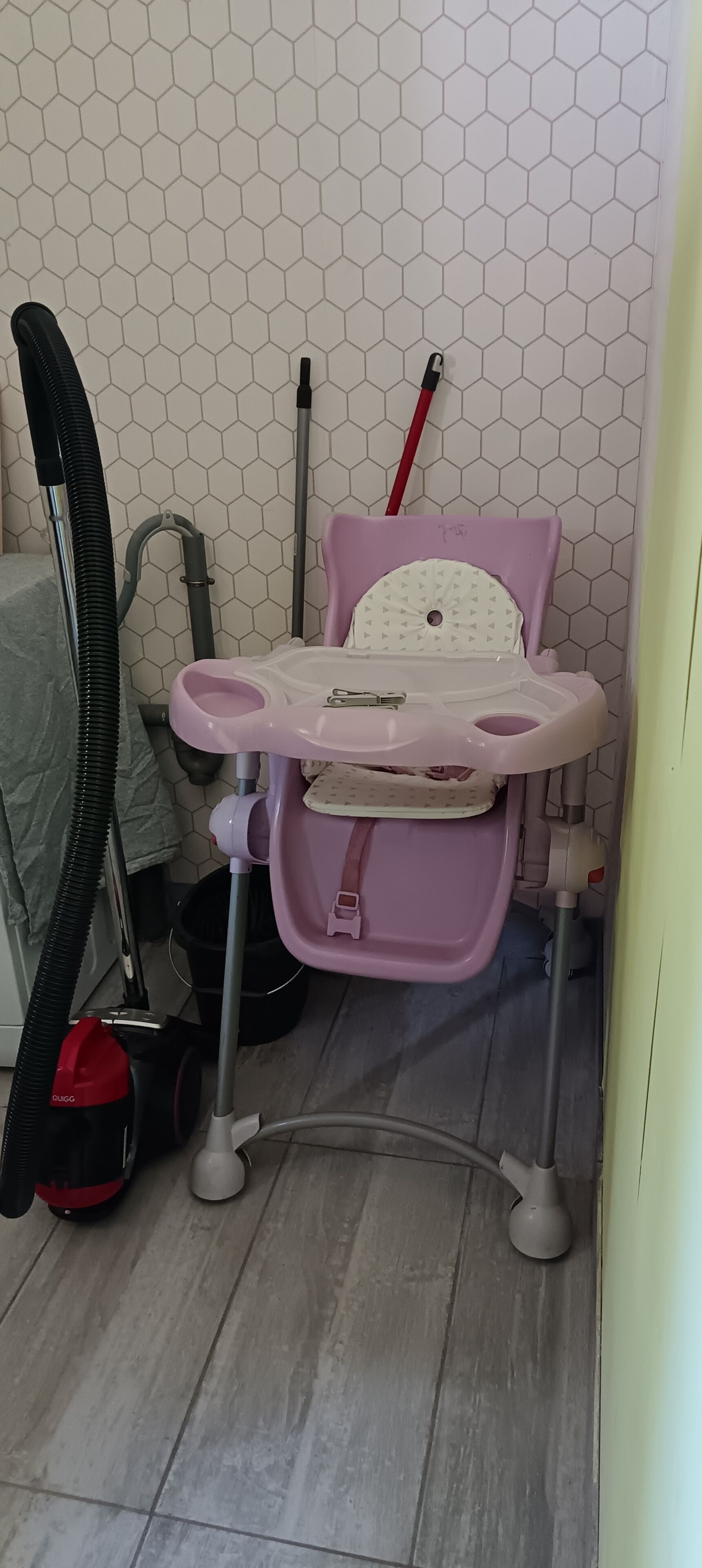 Ein Badezimmer mit einem rosa Kindersitz, einem Staubsauger und einem Mopp.