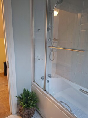 Shower, hair dryer, towels, soap