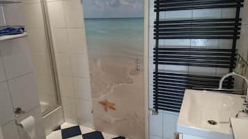 Hair dryer, towels, soap, toilet paper