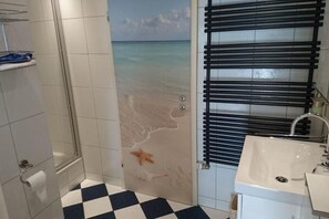 Hair dryer, towels, soap, toilet paper