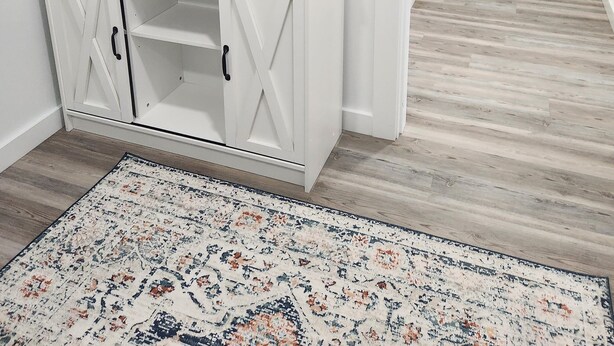 A room with a TV on a wooden cabinet, a patterned rug, and a door in the background. - Ninth Door Mention Apt 13 Main St. Milbridge (Milbridge)