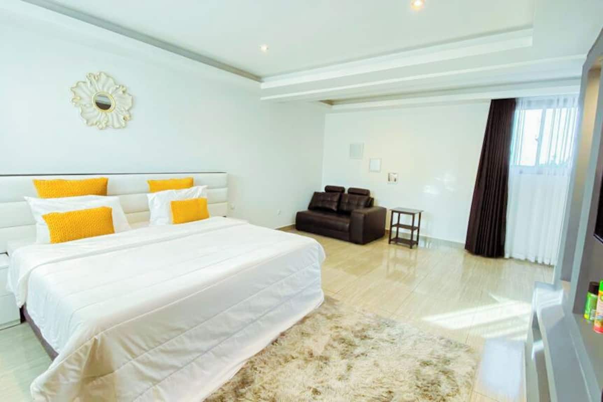 Un dormitorio moderno con una cama grande, un sofá y un televisor.