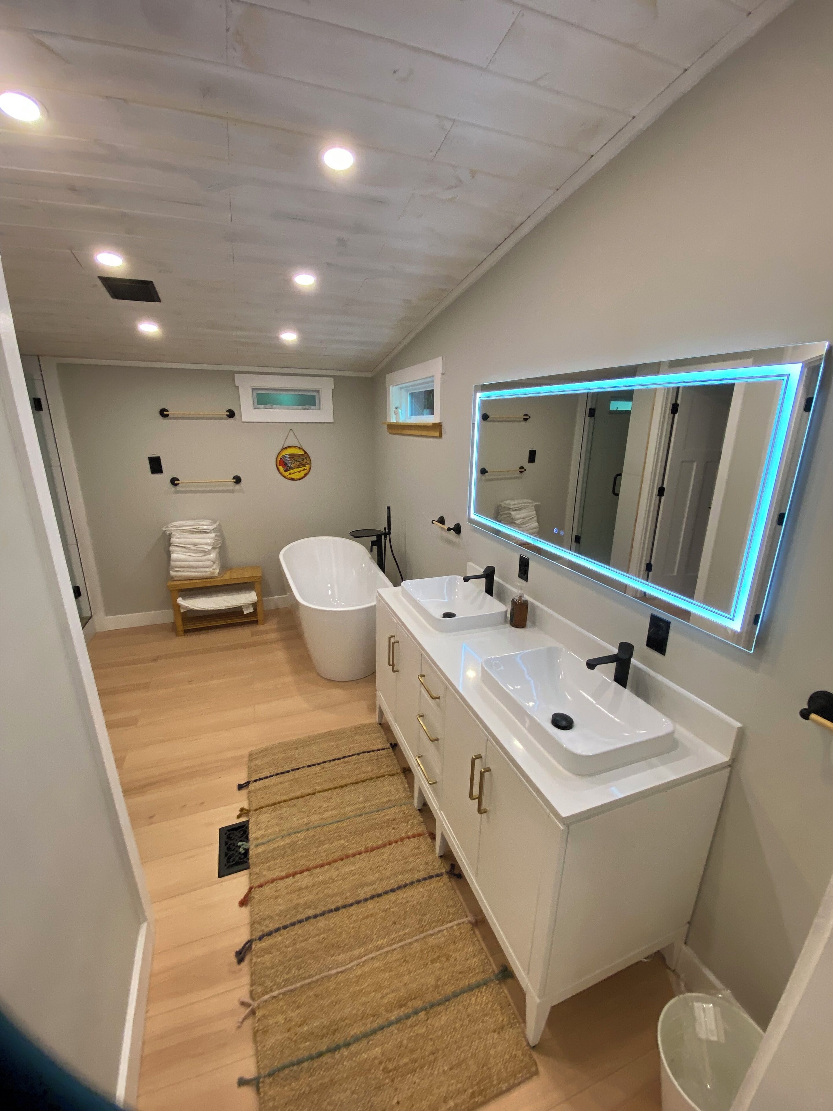 Hair dryer, towels, soap, shampoo