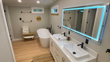 Hair dryer, towels, soap, shampoo