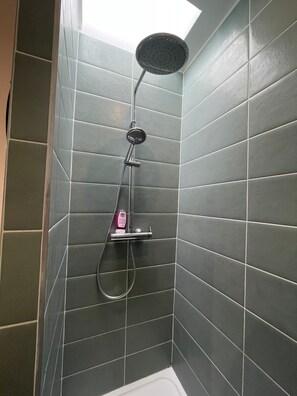 Chuveiro, secador de cabelo, toalhas de banho, papel higiênico